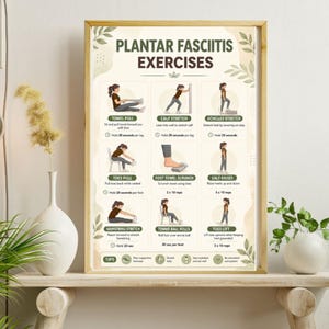 May include: A framed poster with the title "PLANTAR FASCIITIS EXERCISES" and illustrations of various stretches. The poster includes instructions for towel pulls, calf stretches, Achilles stretches, and more. The frame is a light brown color.