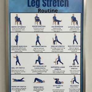 Könnte beinhalten: Ein gerahmtes Lehrplakat mit dem Titel Leg Stretch Routine auf blauem Hintergrund. Es zeigt sechzehn Illustrationen einer Figur in blauer Kleidung, die verschiedene Beinstreckübungen ausführt, jeweils mit Beschriftung und Anweisungen.