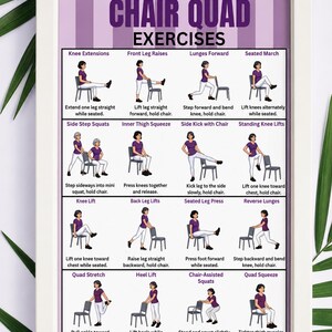 May include: A framed instructional poster titled CHAIR QUAD EXERCISES featuring sixteen illustrations of a person in a purple shirt and white pants performing various physical movements using a chair, with descriptive text for each exercise.