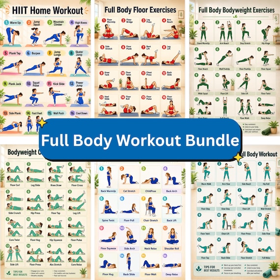 Workout Chart Bundle Printable|Full Body Workout Set|Bodyweight Exercise PDF|Home Fitness Poster |No Equipment Workout|Upper Lower Body Plan