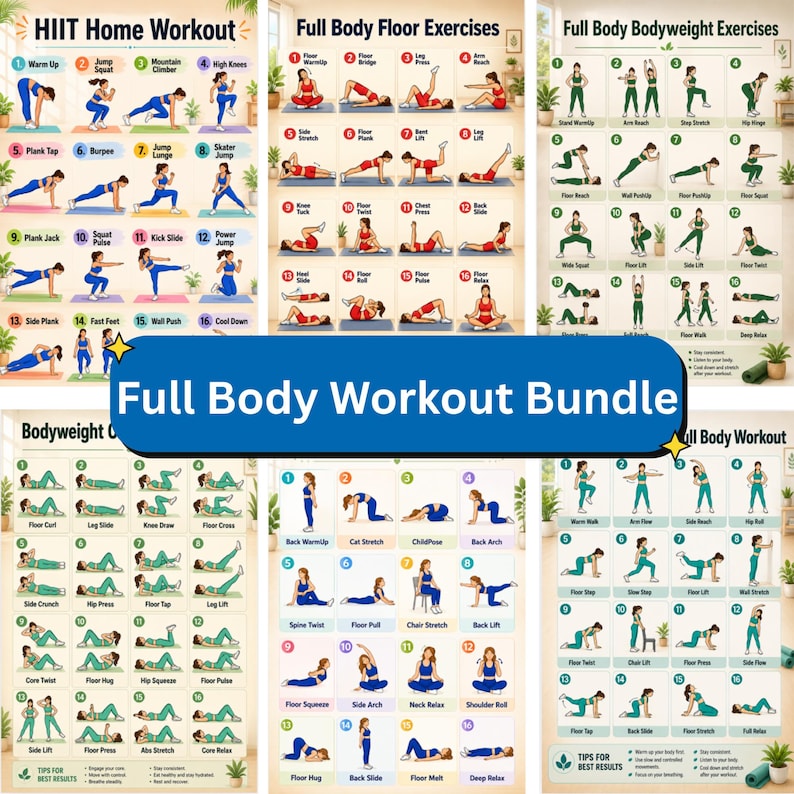 May include: A collection of six instructional workout posters featuring numbered illustrations of individuals performing various fitness movements, including HIIT, full body floor exercises, and bodyweight routines with clear text labels.