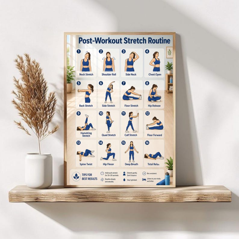 May include: A rectangular poster titled Post-Workout Stretch Routine featuring sixteen numbered illustrations of a person in blue athletic wear performing various stretches, with a section at the bottom labeled Tips for Best Results.