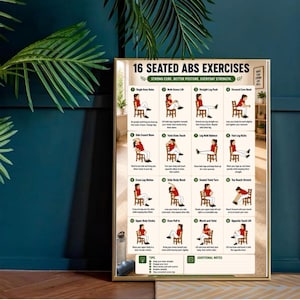 Può includere: Un poster rettangolare intitolato 16 SEATED ABS EXERCISES che presenta sedici illustrazioni numerate di una persona con camicia rossa e pantaloni bianchi che esegue vari esercizi da seduti su una sedia di legno, con istruzioni sotto ogni figura.
