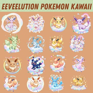 May include: A selection of colourful cartoon illustrations of Pokemon characters, each set against a pastel cloud background. The text "EEVEELUTION POKEMON KAWAII" is displayed at the top. The characters are in various poses.