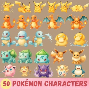 May include: A collection of 50 watercolor-style Pokémon characters in various poses. The image features popular characters like Pikachu, Charmander, Squirtle, and Eevee, with a text banner at the bottom that reads "50 Pokémon Characters."