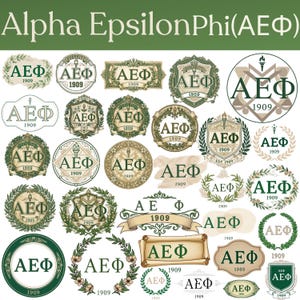 May include: A collection of green and tan Alpha Epsilon Phi (AEΦ) sorority emblems and logos. Designs include crests, wreaths, and banners, all with the sorority's Greek letters and the year 1909.