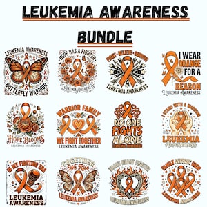 Könnte beinhalten: Ein digitales Grafikpaket mit zwölf verschiedenen Designs zur Leukämie-Aufklärung in Orange. Jedes Design enthält orangefarbene Schleifen, Schmetterlinge, Blumen, Boxhandschuhe oder Hände sowie Texte wie "No One Fights Alone" und "Hope Blooms".