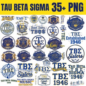 May include: A collection of Tau Beta Sigma graphics in blue, gold, and white. The designs include the letters TBS, musical notes, and the words "Sisters" and "Established 1946".