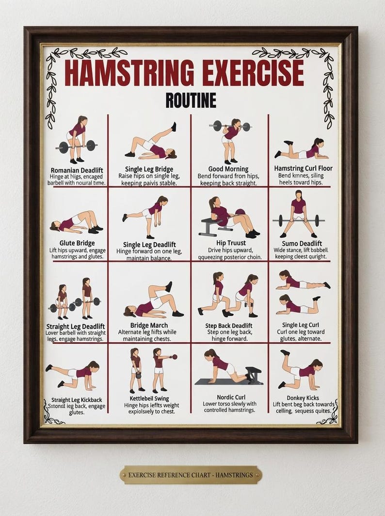 K&ouml;nnte beinhalten: Ein gerahmtes Lehrplakat mit dem Titel HAMSTRING EXERCISE ROUTINE, das sechzehn Illustrationen von Personen bei verschiedenen &Uuml;bungen zeigt. Jedes Feld enth&auml;lt einen Titel und kurze schriftliche Anweisungen f&uuml;r Bewegungen wie Kreuzheben, Br&uuml;cken und Curls.