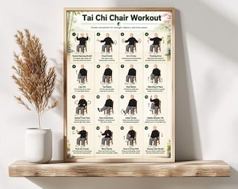 Könnte beinhalten: Ein rechteckiges Poster mit dem Titel Tai Chi Chair Workout, das sechzehn nummerierte Illustrationen einer Person in schwarzem Hemd und grauer Hose zeigt, die sitzende Übungen auf einem Holzstuhl ausführt, mit Bambus- und Blumenmotiven.