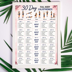 Puede incluir: Un cuadro con un plan de entrenamiento de calistenia de cuerpo completo de 30 días con borde blanco. El póster muestra ilustraciones de ejercicios como saltar la cuerda, flexiones, sentadillas, dominadas y estocadas, organizados por días.