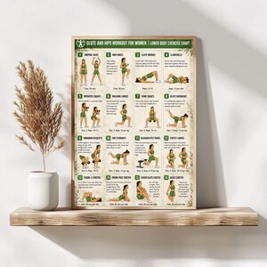 Könnte beinhalten: Ein rechteckiges Poster mit dem Titel Glute and Hips Workout for Women, das sechzehn nummerierte Übungsillustrationen mit grünen und weißen Textanweisungen enthält. Das Diagramm zeigt verschiedene Unterkörperbewegungen, darunter Kniebeugen, Ausfallschritte und Dehnübungen.