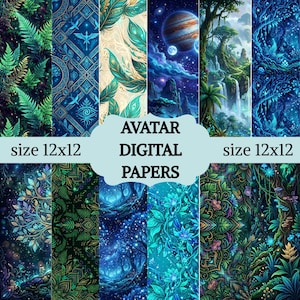 Può includere: Una collezione di carte digitali con motivi vibranti di felci luminose, paesaggi celesti con pianeti, giungle lussureggianti con cascate e mandala floreali. Il testo AVATAR DIGITAL PAPERS e size 12x12 sono visibili.