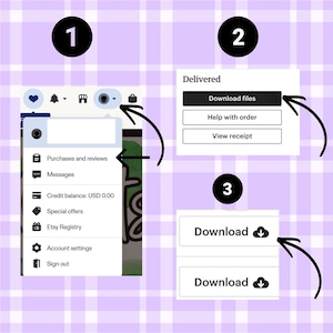K&ouml;nnte beinhalten: Eine dreistufige Anleitungsgrafik auf hellviolettem Karohintergrund. Schritt 1 zeigt ein Benutzerkontomen&uuml; mit 'Purchases and reviews'. Schritt 2 zeigt ein 'Delivered'-Feld mit 'Download files'. Schritt 3 zeigt zwei 'Download'-Schaltfl&auml;chen mit Wolkensymbolen.