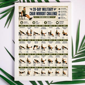 May include: A framed 28-day military chair workout challenge poster featuring a grid of 28 daily exercise illustrations with text instructions. The chart includes icons for strength, core, mobility, and endurance, with a white frame border.