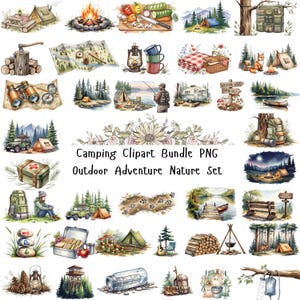 Könnte beinhalten: Eine Sammlung von Aquarell-Clip-Art-Elementen zum Thema Camping. Enthält Zelte, Lagerfeuer, Karten, Ferngläser, einen Erste-Hilfe-Kasten und andere Illustrationen für Outdoor-Abenteuer. Text: "Camping Clipart Bundle PNG Outdoor Adventure Nature Set."