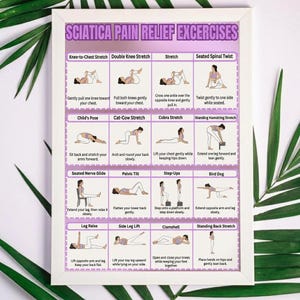 Könnte beinhalten: Ein gerahmtes Lehrplakat mit dem Titel SCIATICA PAIN RELIEF EXERCISES, das sechzehn illustrierte Felder enthält. Jedes Feld zeigt eine Figur bei einer bestimmten Dehnübung oder Bewegung mit begleitenden schriftlichen Anweisungen.