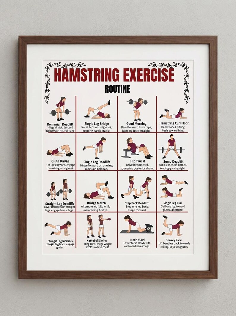 K&ouml;nnte beinhalten: Ein gerahmtes Lehrplakat mit dem Titel HAMSTRING EXERCISE ROUTINE, das sechzehn illustrierte Diagramme von Personen bei verschiedenen &Uuml;bungen mit Textbeschreibungen f&uuml;r jede Bewegung auf wei&szlig;em Hintergrund mit dunkelbraunen R&auml;ndern zeigt.