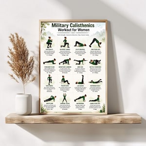 May include: A rectangular poster titled Military Calisthenics Workout for Women, featuring twelve illustrated exercise diagrams with instructions. The poster displays figures in green athletic wear performing various movements on a white background.