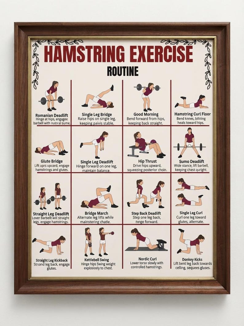 K&ouml;nnte beinhalten: Ein gerahmtes Lehrposter mit dem Titel HAMSTRING EXERCISE ROUTINE, das sechzehn Illustrationen von Personen bei verschiedenen &Uuml;bungen zeigt. Jeder Abschnitt enth&auml;lt einen Titel und kurze schriftliche Anweisungen f&uuml;r Bewegungen wie Kreuzheben und Br&uuml;cken.