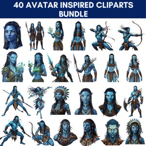 May include: A collection of 40 Avatar-inspired clip art images. The illustrations feature blue-skinned characters with various hairstyles, clothing, and accessories. Some characters hold weapons, while others are adorned with tribal decorations. The text "40 AVATAR INSPIRED CLIPARTS BUNDLE" is at the top.