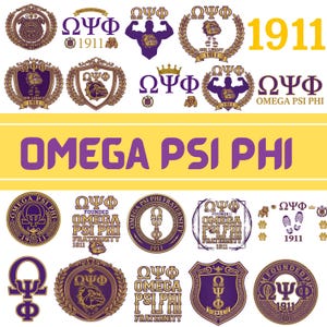 May include: A collage of Omega Psi Phi fraternity logos and emblems in purple and gold. The design includes the Greek letters ΩΨΦ, the year 1911, and various crests and symbols. The words "OMEGA PSI PHI" are also displayed.