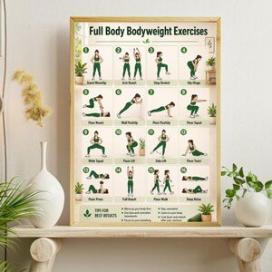 May include: A rectangular poster titled Full Body Bodyweight Exercises featuring sixteen numbered illustrations of a person in green athletic wear performing various fitness movements, including warmups, stretches, and floor exercises with text.