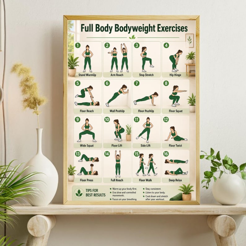 May include: A rectangular poster titled Full Body Bodyweight Exercises featuring sixteen numbered illustrations of a person in green athletic wear performing various fitness movements, including warmups, stretches, and floor exercises with text.