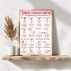 May include: A rectangular poster titled Somatic Exercises Routine featuring 16 numbered illustrations of gentle movements for a nervous system reset. The chart includes text instructions for each exercise, set against a light pink background with a wooden frame.