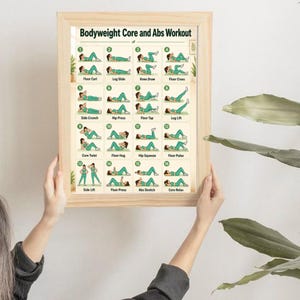 May include: A framed poster titled Bodyweight Core and Abs Workout featuring sixteen numbered illustrations of exercise movements. Each panel displays a figure in teal athletic wear performing specific floor-based core exercises with text labels.