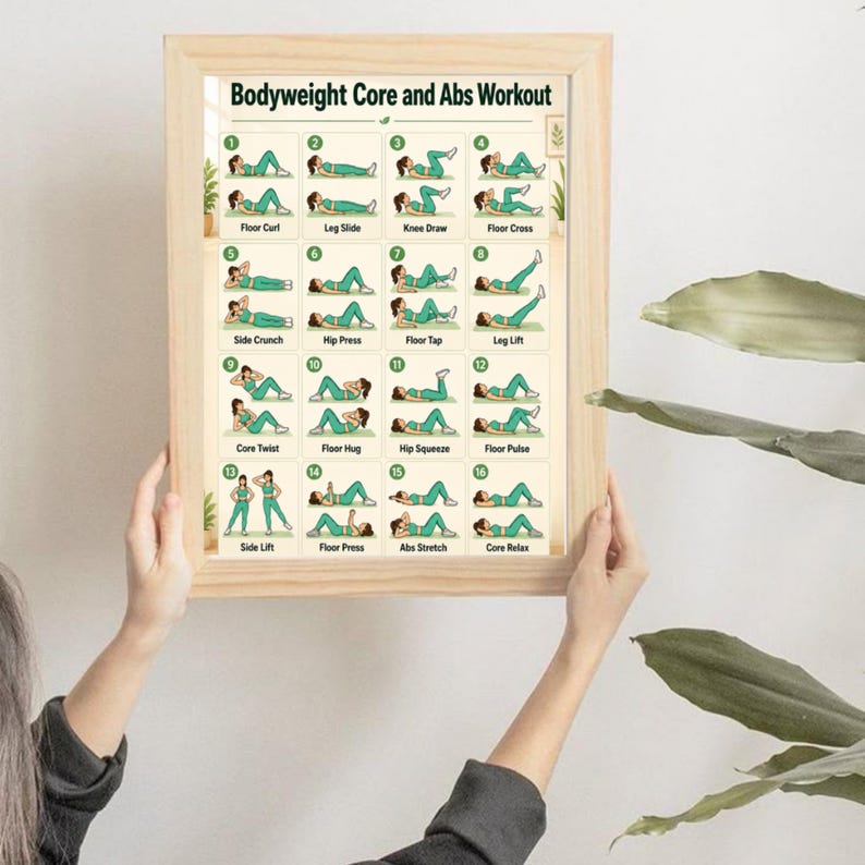 May include: A framed poster titled Bodyweight Core and Abs Workout featuring sixteen numbered illustrations of exercise movements. Each panel displays a figure in teal athletic wear performing specific floor-based core exercises with text labels.