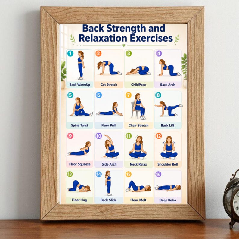 May include: A framed instructional poster titled Back Strength and Relaxation Exercises, featuring sixteen numbered illustrations of a person in blue athletic wear performing various stretches, including Back WarmUp, Cat Stretch, and ChildPose.