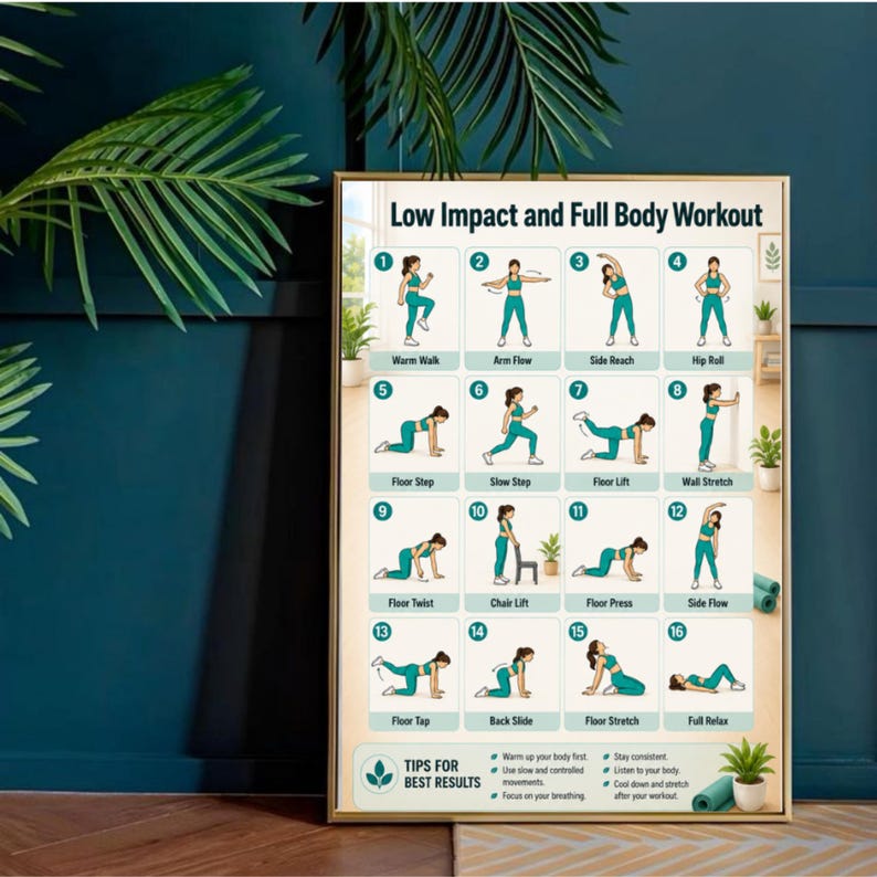 May include: A framed poster titled Low Impact and Full Body Workout featuring sixteen numbered illustrations of a person in teal athletic wear performing various exercises, including warm walks, stretches, and floor movements with text instructions.