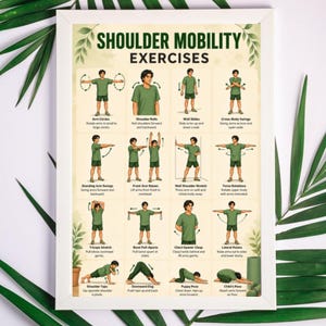 May include: A white-framed poster titled SHOULDER MOBILITY EXERCISES featuring twelve illustrated figures in green shirts and shorts demonstrating various stretches and movements with descriptive text labels for each exercise.