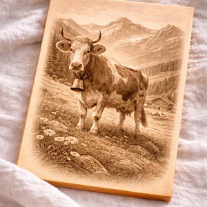 Puede incluir: Una impresión en tonos sepia de una vaca en un paisaje montañoso. La vaca, con una campana alrededor del cuello, está en un campo de flores silvestres. En el fondo se ven montañas y una pequeña cabaña. La impresión tiene un marco de madera.