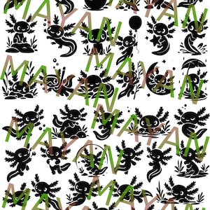 Könnte beinhalten: Eine Sammlung schwarzer Axolotl-Illustrationen in verschiedenen Posen, einige mit Blasen, Pflanzen und Accessoires wie einem Ballon und einem Regenschirm. Das Wort "MAYA" ist in Grün und Braun überlagert.