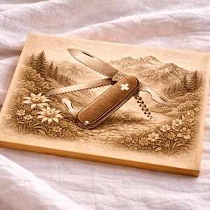 Puede incluir: Una navaja suiza con múltiples herramientas, incluyendo una hoja, sierra y sacacorchos, descansa sobre una placa de madera. La placa presenta un paisaje en tonos sepia con montañas, árboles y flores. La navaja tiene un mango marrón con una cruz blanca.