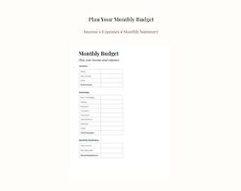 Monthly Budget Planner Printable | Simple Monthly Budget Worksheet | A4 / US Letter