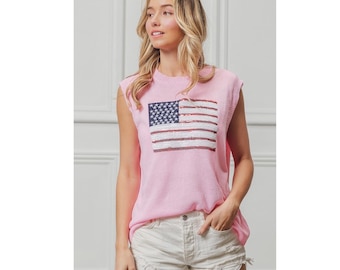 American Flag Sequins Patch Knit Top