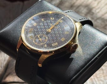 Luxury Custom Mechanical Watch | Vintage Swiss Movement | Black Guilloche Dial | Classic Men’s Timepiece