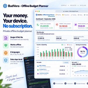 Può includere: Un'interfaccia digitale del pianificatore di budget offline BudVera visualizzata su uno schermo, con una dashboard che mostra grafici finanziari, dati su entrate, spese e risparmi per settembre 2026 e una vista impostazioni.
