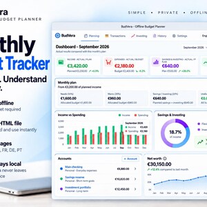 Può includere: L'interfaccia del software di pianificazione del budget offline BudVera mostra una dashboard mensile per settembre 2026. Include metriche finanziarie, grafici a barre di entrate e uscite, un grafico ad anello per risparmi e investimenti e un grafico a linee del patrimonio netto in euro.