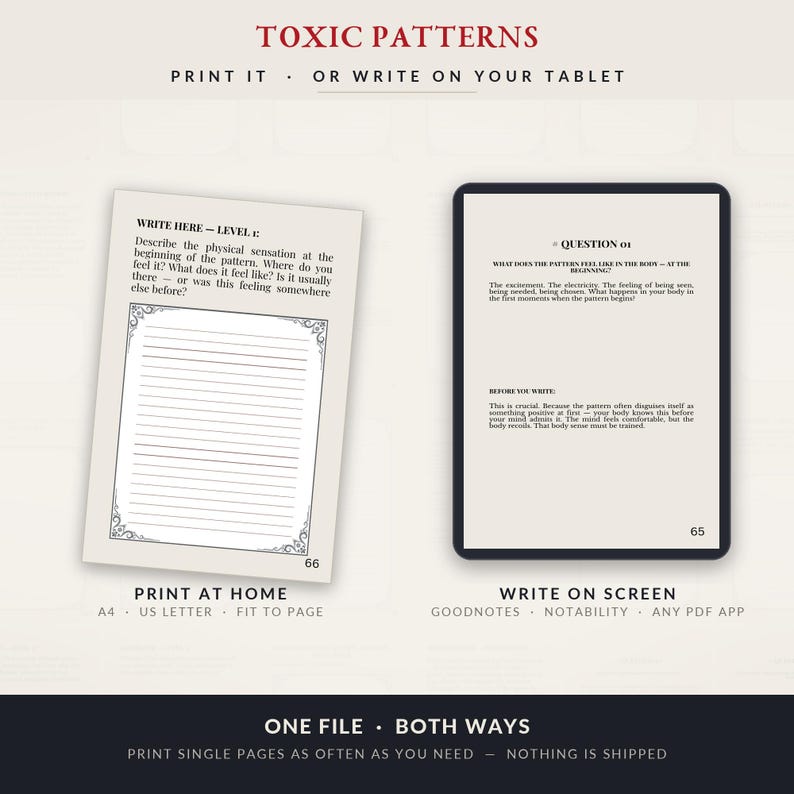 Może przedstawiać: Cyfrowy zeszyt ćwiczeń zatytułowany TOXIC PATTERNS z dwiema opcjami wyświetlania: stroną do druku z miejscem na notatki oraz ekranem tabletu z pytaniem 01. Tekst zawiera instrukcje dotyczące drukowania w domu lub korzystania z aplikacji na tablecie.