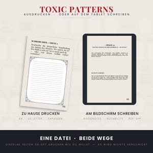 Könnte beinhalten: Ein digitales Produkt mit dem Titel TOXIC PATTERNS, das zwei Layout-Optionen bietet: eine druckbare A4- oder US-Letter-Seite mit linierten Schreibfeldern und eine tablet-kompatible PDF-Oberfläche für digitale Notiz-Apps mit deutschen Texten.