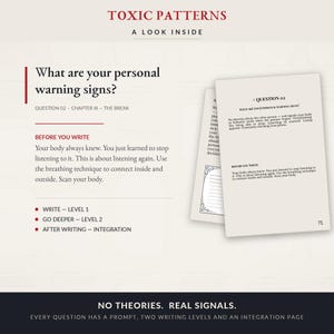 Może przedstawiać: Strona z książki Toxic Patterns zatytułowana A Look Inside, zawierająca tekst What are your personal warning signs? Question 02 Chapter III - The Break. Zawiera instrukcje dotyczące pisania, techniki oddechowe oraz poziomy refleksji.