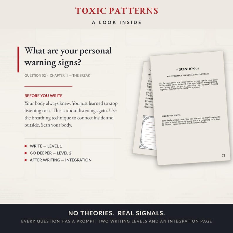 Może przedstawiać: Strona z książki Toxic Patterns zatytułowana A Look Inside, zawierająca tekst What are your personal warning signs? Question 02 Chapter III - The Break. Zawiera instrukcje dotyczące pisania, techniki oddechowe oraz poziomy refleksji.
