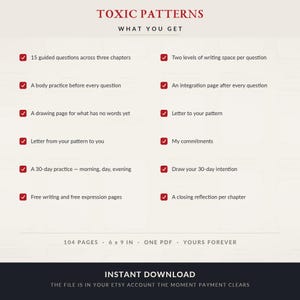 Może przedstawiać: Cyfrowy dokument zatytułowany TOXIC PATTERNS WHAT YOU GET, wymieniający funkcje z czerwonymi znacznikami: 15 pytań, ćwiczenia ciała, strony do rysowania, listy, 30-dniowa praktyka, strony do pisania, miejsce na notatki, integracja i refleksje. 104 strony, 15,24 x 22,86 cm.