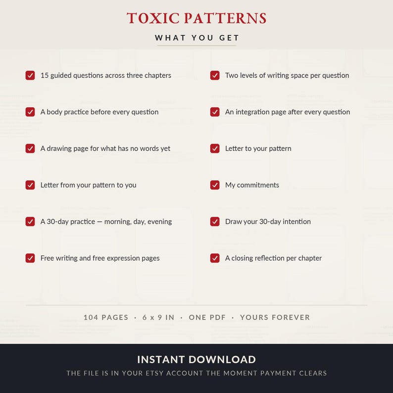 Może przedstawiać: Cyfrowy dokument zatytułowany TOXIC PATTERNS WHAT YOU GET, wymieniający funkcje z czerwonymi znacznikami: 15 pytań, ćwiczenia ciała, strony do rysowania, listy, 30-dniowa praktyka, strony do pisania, miejsce na notatki, integracja i refleksje. 104 strony, 15,24 x 22,86 cm.