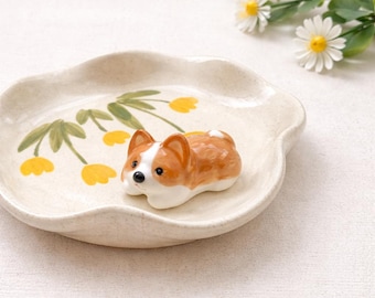 Handgemaakte keramische corgi-ringschotel, geel tulp sieradenbakje voor huisdieren