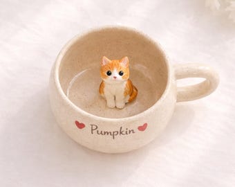 Gepersonaliseerde kiekeboe kat keramische mok, aangepaste koffiekopje huisdier, handgemaakt cadeau dierenliefhebber